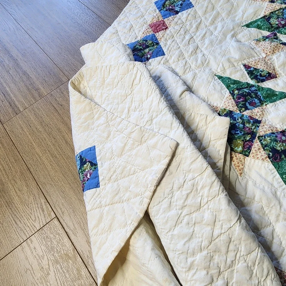 Vtg LL Bean Freeport Maine Botanical Block Applique Patchwork Quilt 62 X 80